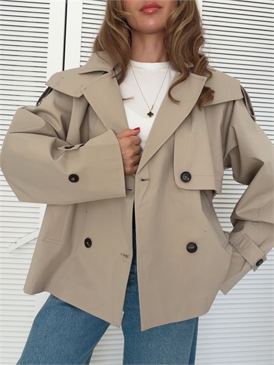Kapüşonlu Oversize Trençkot Krem