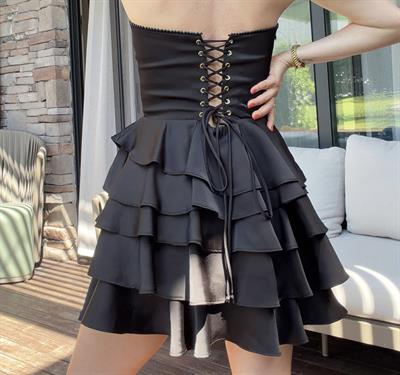 Katmanlı Fırfırlı Mini Elbise Siyah