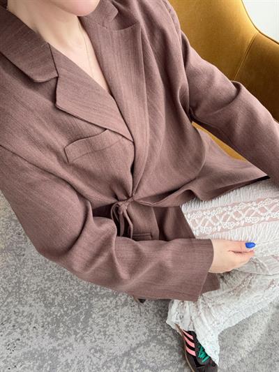 Keten Blazer Ceket Bağlama Detaylı Kahverengi