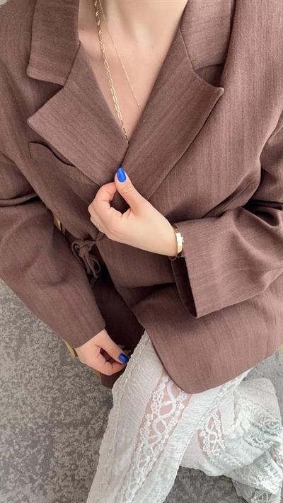 Keten Blazer Ceket Bağlama Detaylı Kahverengi