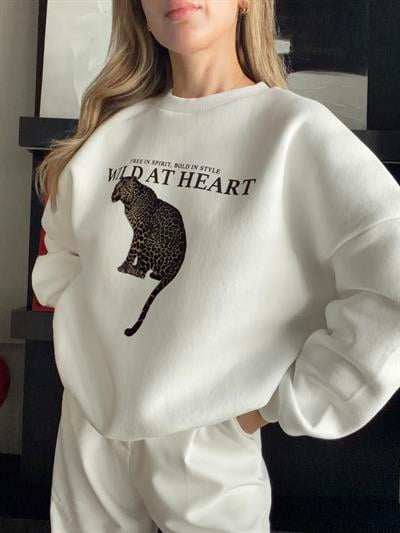 Leopar Baskılı Oversize Sweat Ekru