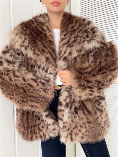 Leopar Desen Kürk Kaban Kahverengi