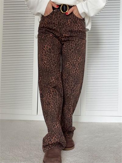 Leopar Desenli Denim Pantolon 