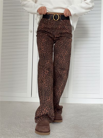 Leopar Desenli Denim Pantolon 