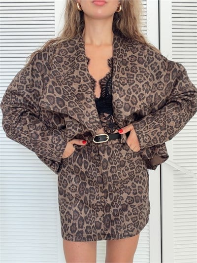 Leopar Desenli Oversize Ceket 
