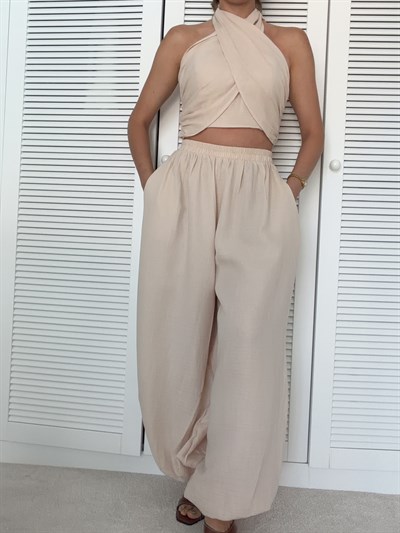 Müslin Kumaş Bağlamalı Bluz ve Pantolon Takım Krem