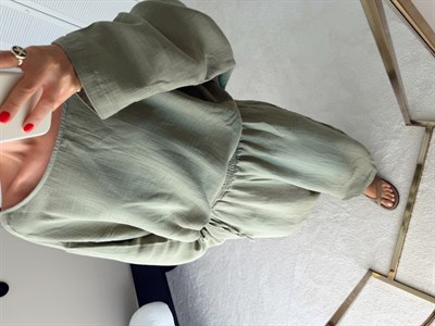 Müslin Kumaş Uzun Kollu Bağlamalı Takım Haki 