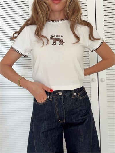 Nakış Detaylı T-shirt Ekru Leopar