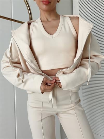 Örme Kumaş Eşofman Büstiyer ve Fermuarlı Sweatshirt 3lü Kombin Takım Ekru