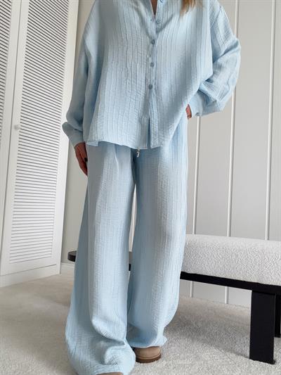 Oversize Gömlek ve Rahat Kalıp Astarlı Pantolon Takım Mavi