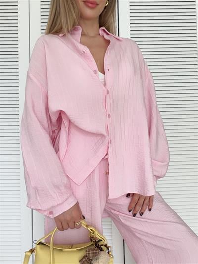 Oversize Gömlek ve Rahat Kalıp Astarlı Pantolon Takım Pembe