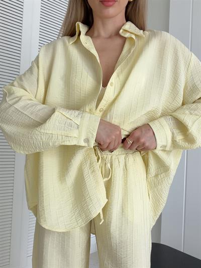Oversize Gömlek ve Rahat Kalıp Astarlı Pantolon Takım Sarı