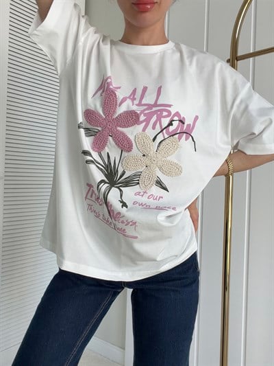 Oversize Tshirt Nakış Çicek Baskılı Ekru
