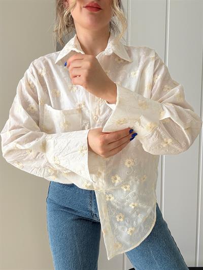 Papatya Nakış İşlemeli Oversize Gömlek Ekru