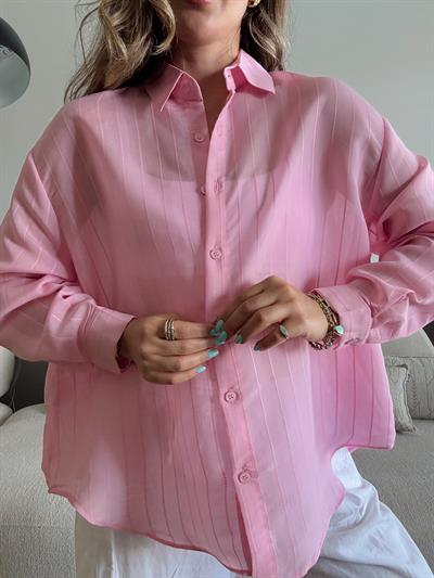 Pembe Çizgili Oversize Transparan Gömlek 