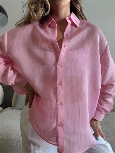 Pembe Çizgili Oversize Transparan Gömlek 