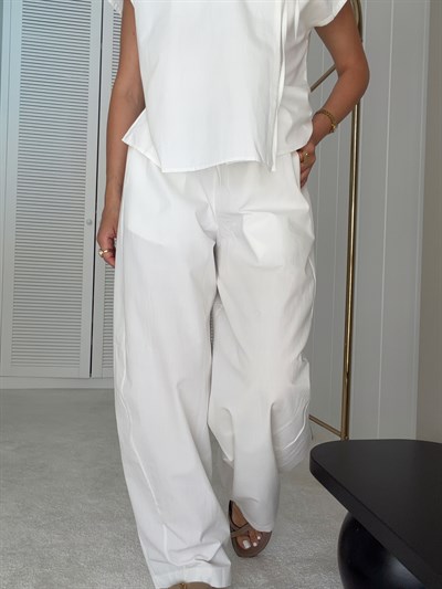 Poplin Kumaş Bağlamalı Gömlek ve Pantolon Takım Ekru
