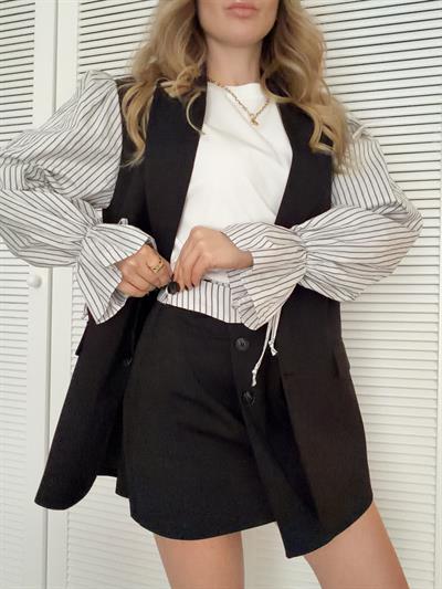 Poplin Kumaş Detaylı Düğmeli Etek Siyah