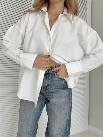 Poplin Kumaş Gömlek Oversize Kalıp Ekru