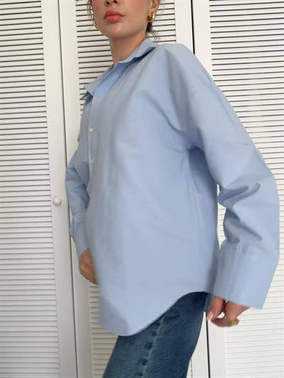 Poplin Kumaş Gömlek Oversize Kalıp Mavi
