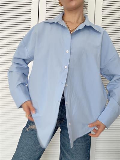 Poplin Kumaş Gömlek Oversize Kalıp Mavi