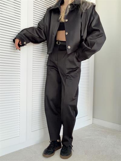 Premium Saten Kemerli Pantolon Siyah