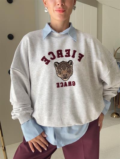Punch Baskı Detaylı Oversize Sweat Gri 