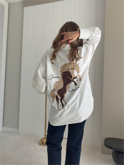 Sırt Nakışlı Detay Oversize Gömlek Ekru