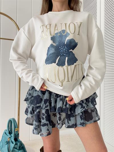 Taş Detaylı Baskılı Sweatshirt Ekru 