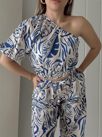 Tek Omuz Desenli Keten Crop Bluz 