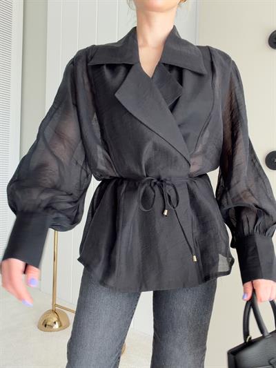 Transparan Tül Oversize Gömlek Siyah