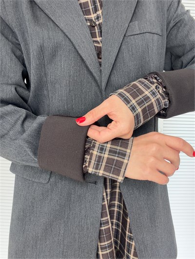 Triko Yaka ve Kol Detaylı Blazer Ceket Antrasit