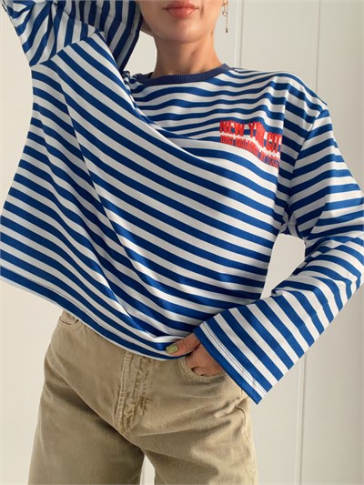 Uzun Kollu Baskılı Oversize Çizgili Body NEW YORK CİTY