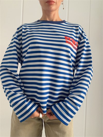 Uzun Kollu Baskılı Oversize Çizgili Body NEW YORK CİTY