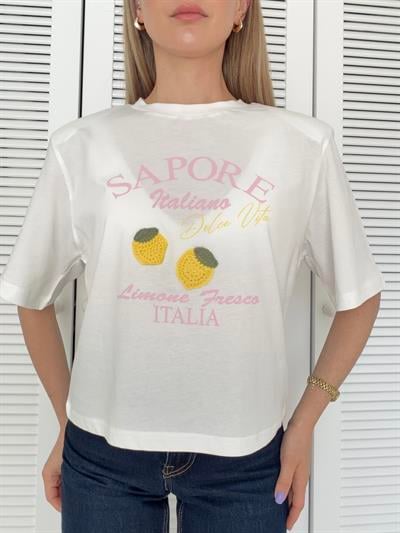Vatkalı ve Baskılı Tshirt Ekru