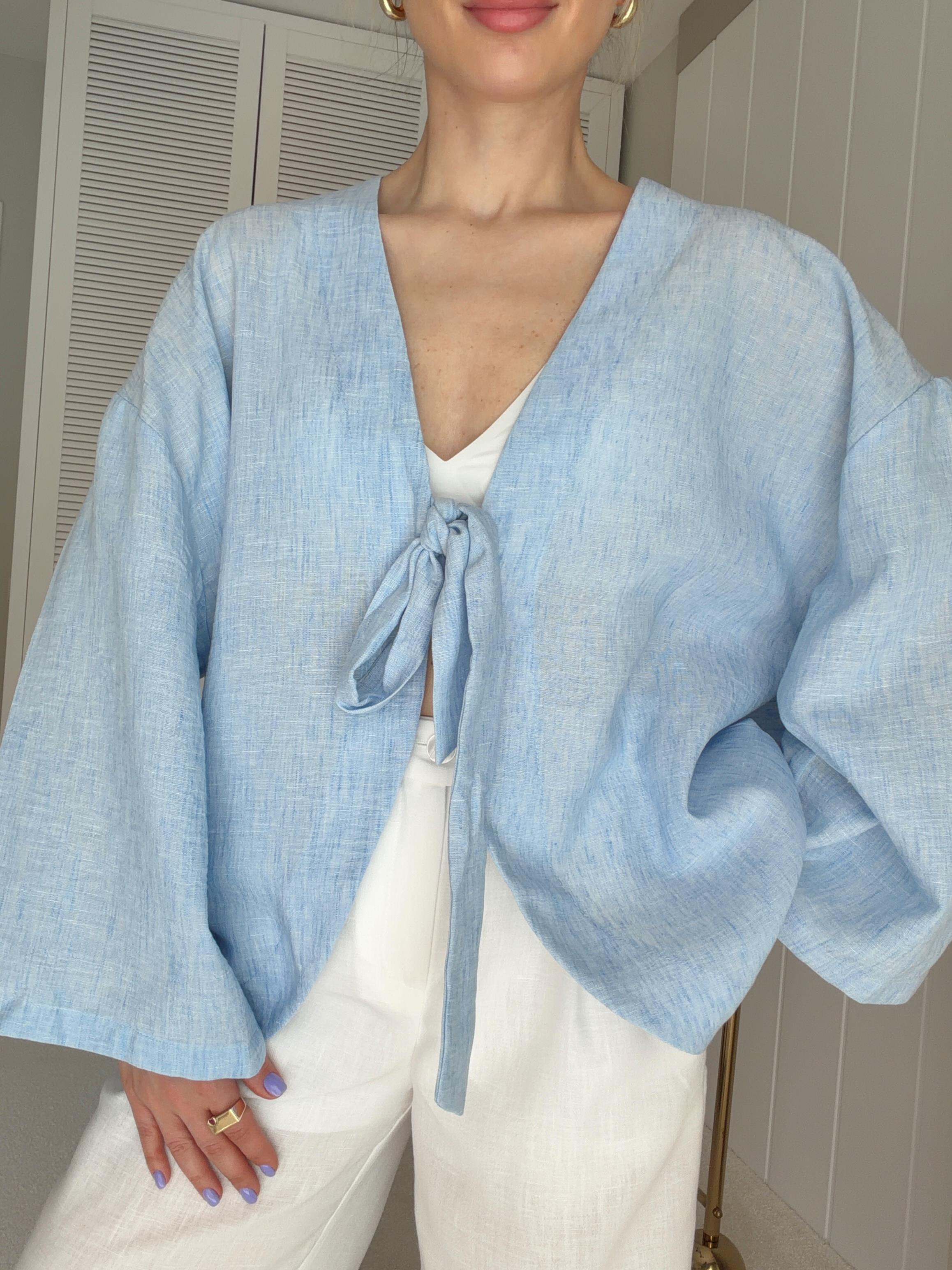 Bağlamalı Keten Kimono Mavi