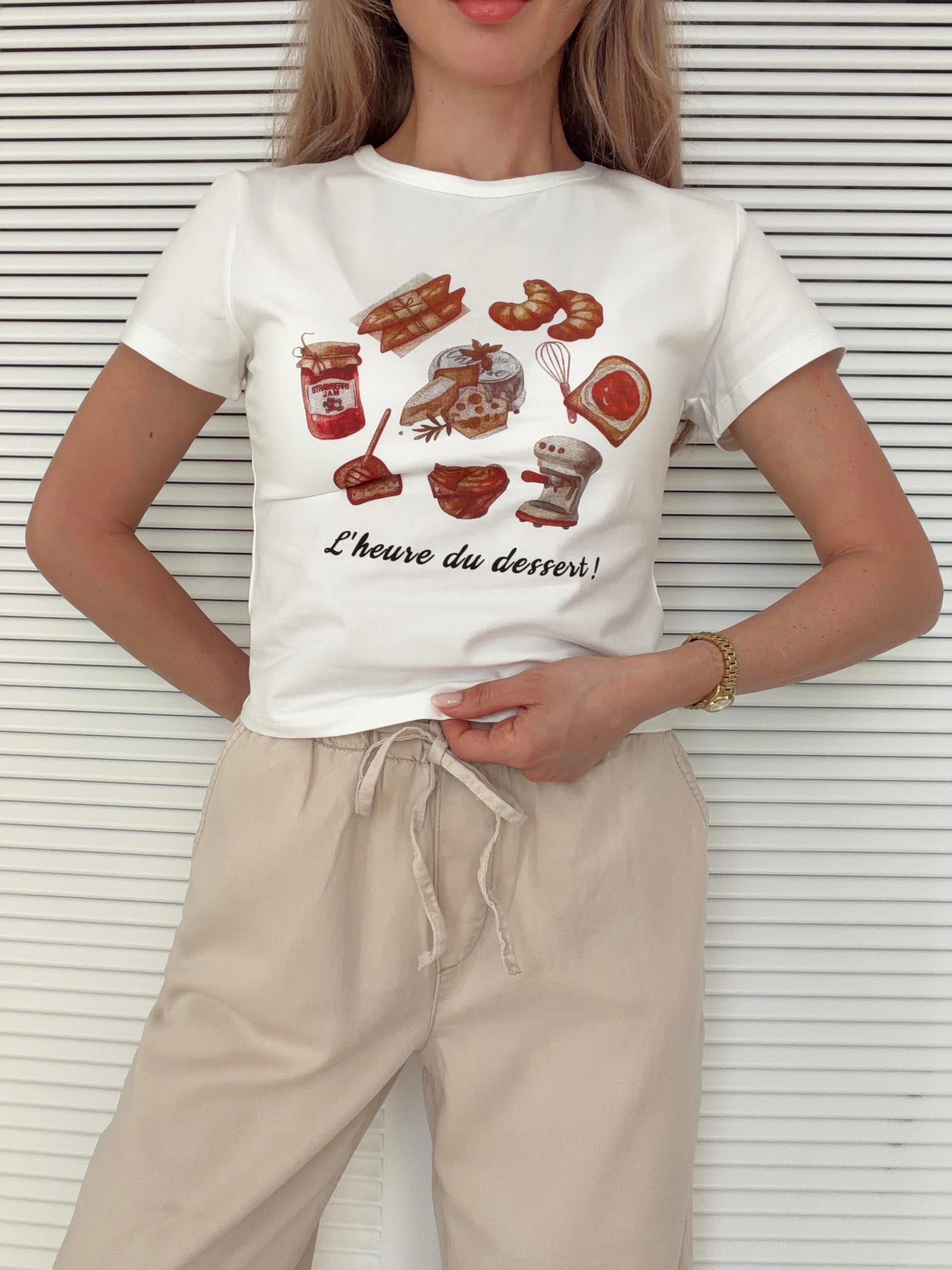 Baskılı Crop Tshirt Ekru CROİSSANT