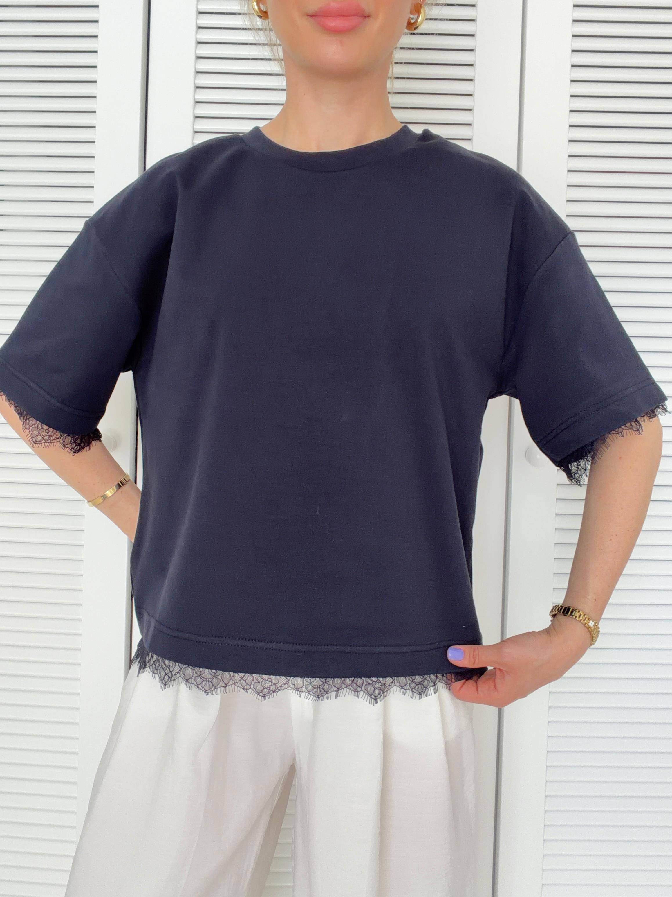 Dantel Detaylı Kısa Kollu Tshirt Lacivert