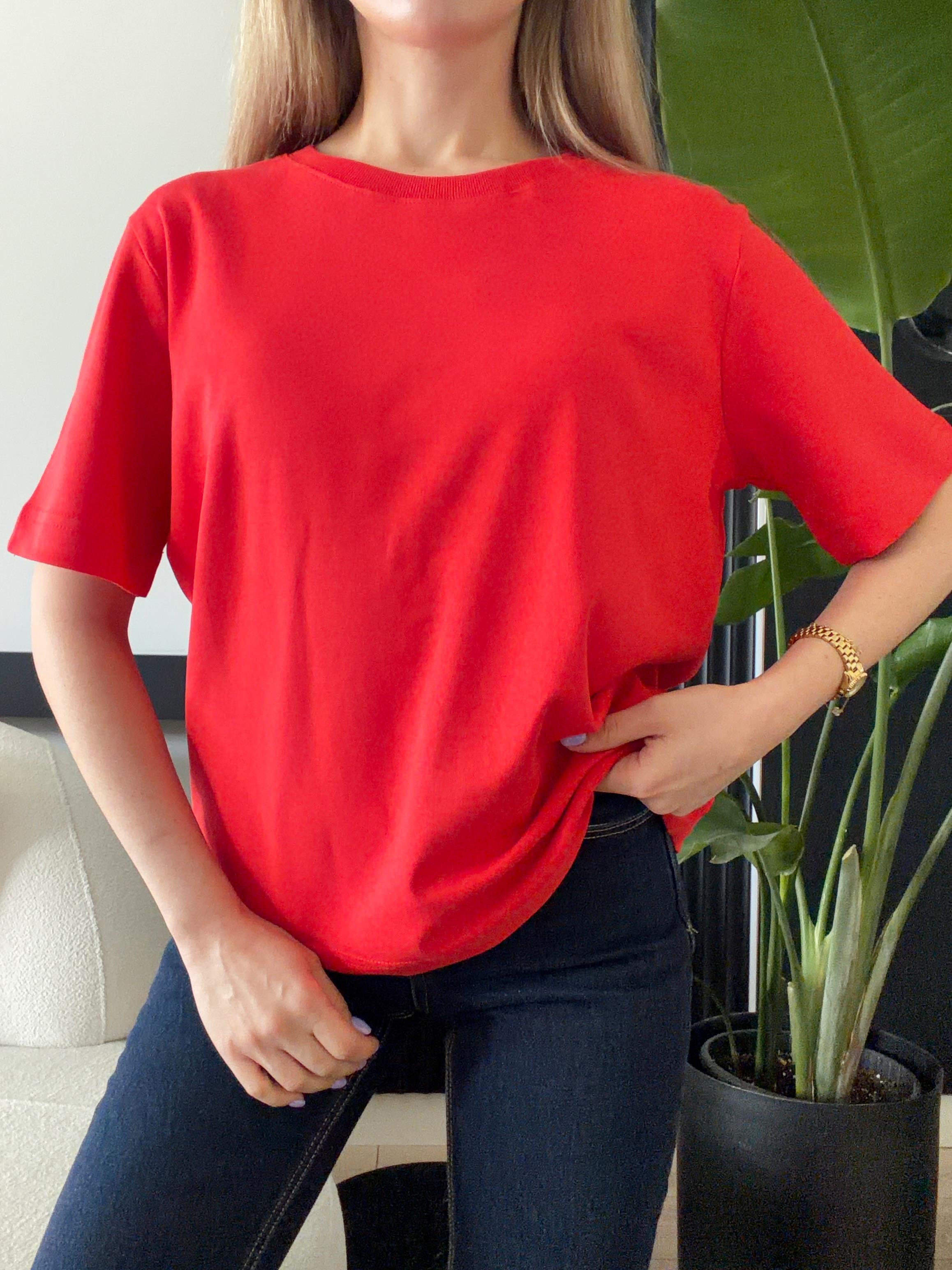 Dekoratif Dikişli Bisiklet Yaka Tshirt Kırmızı