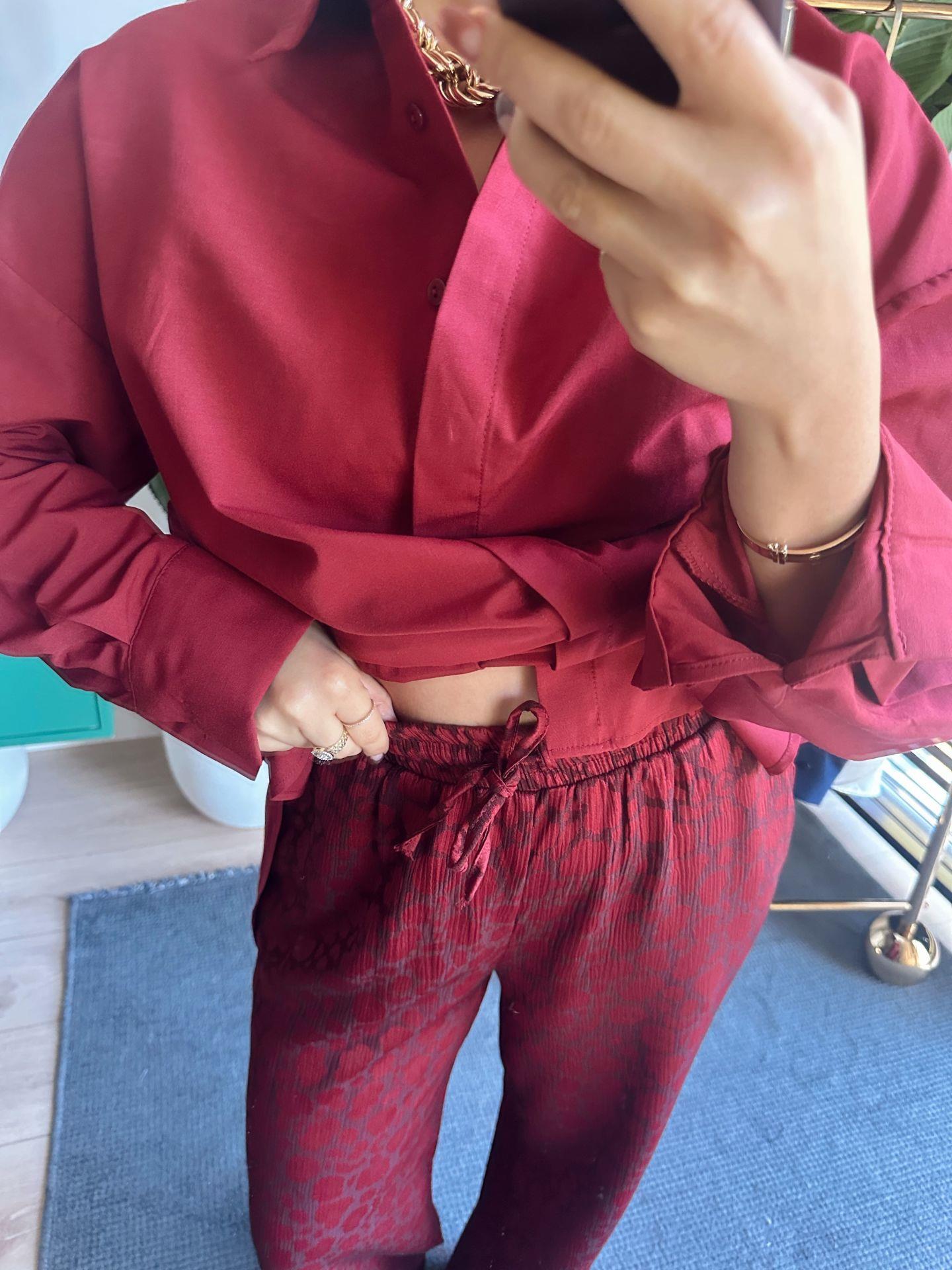 Desenli Rahat Kalıp Pantolon Bordo