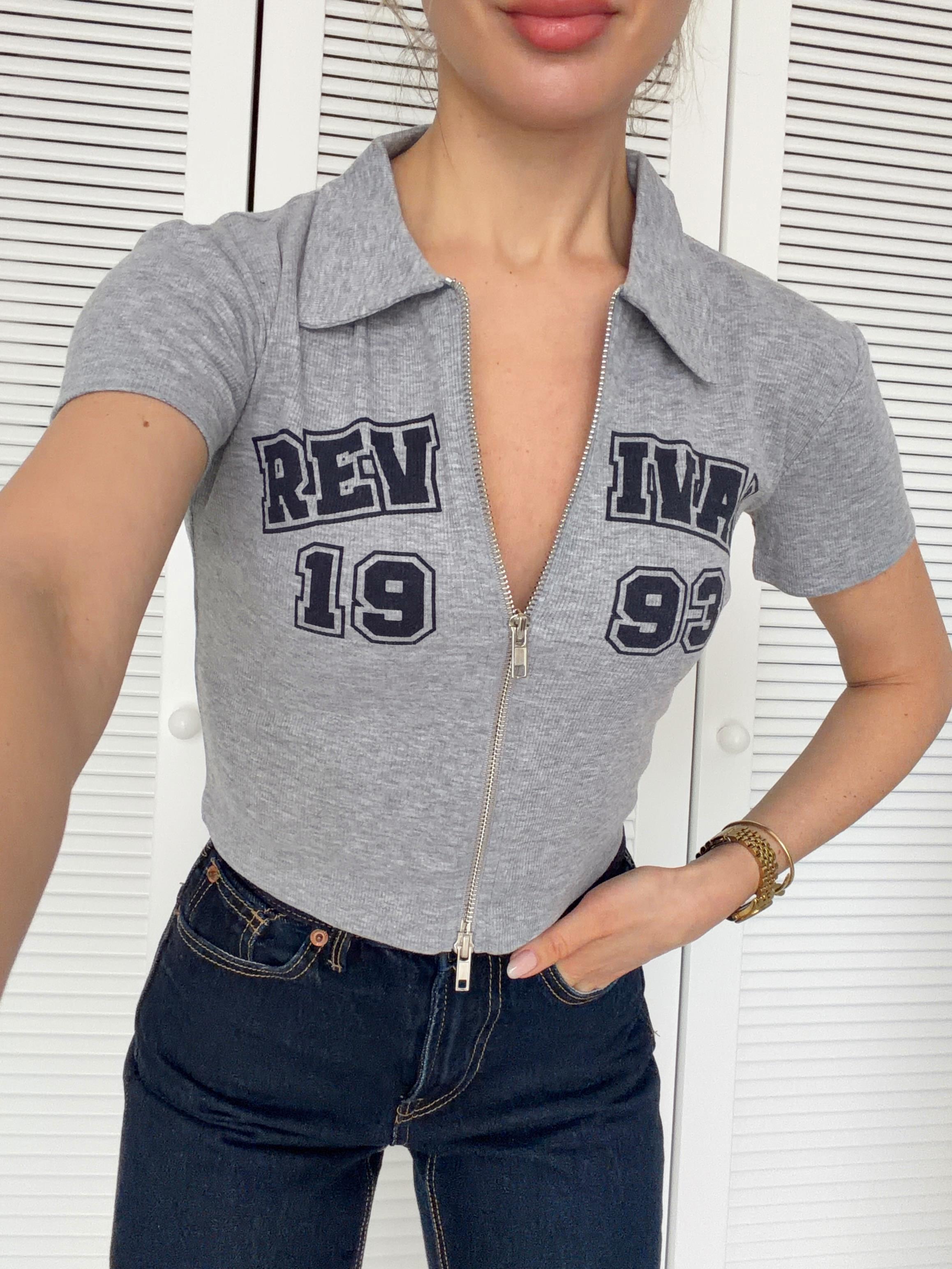 Fermuar Detaylı Crop Tshirt Gri