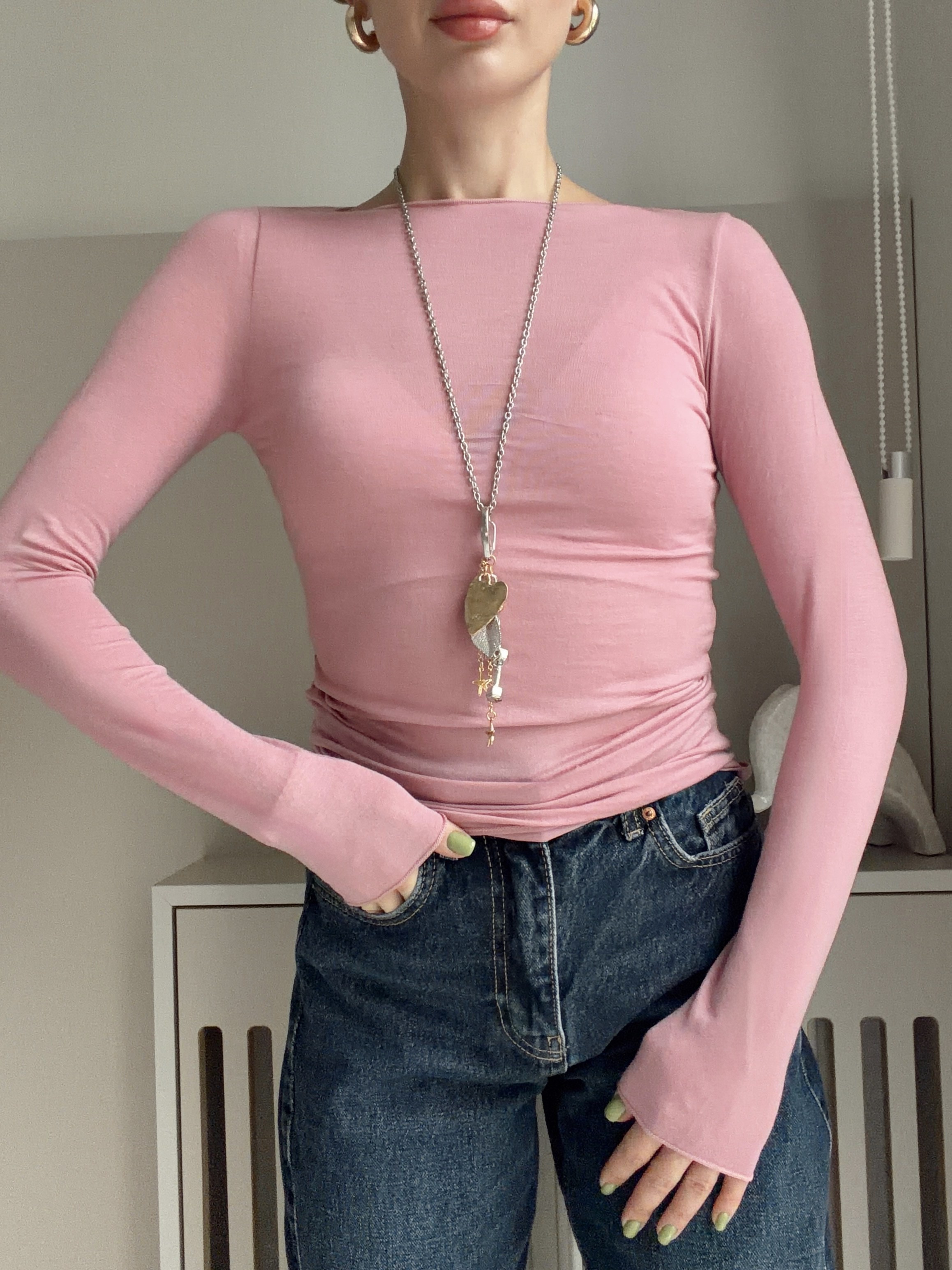 Kayık Yaka Modal Kaşmir Transparan Body Pembe