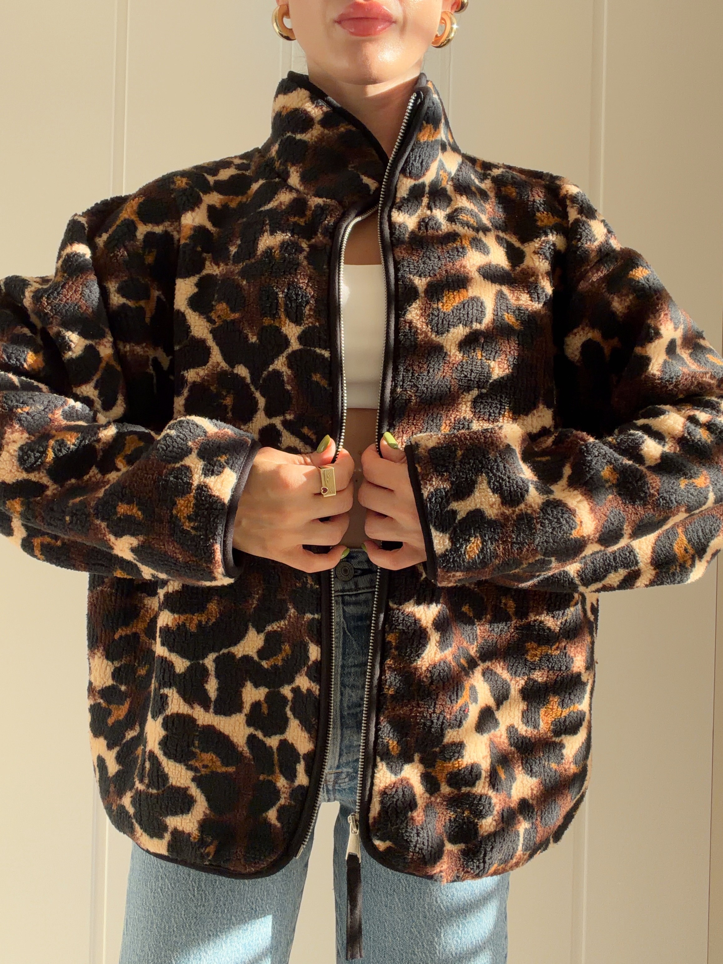 Leopar Desenli Polar Ceket Kahverengi