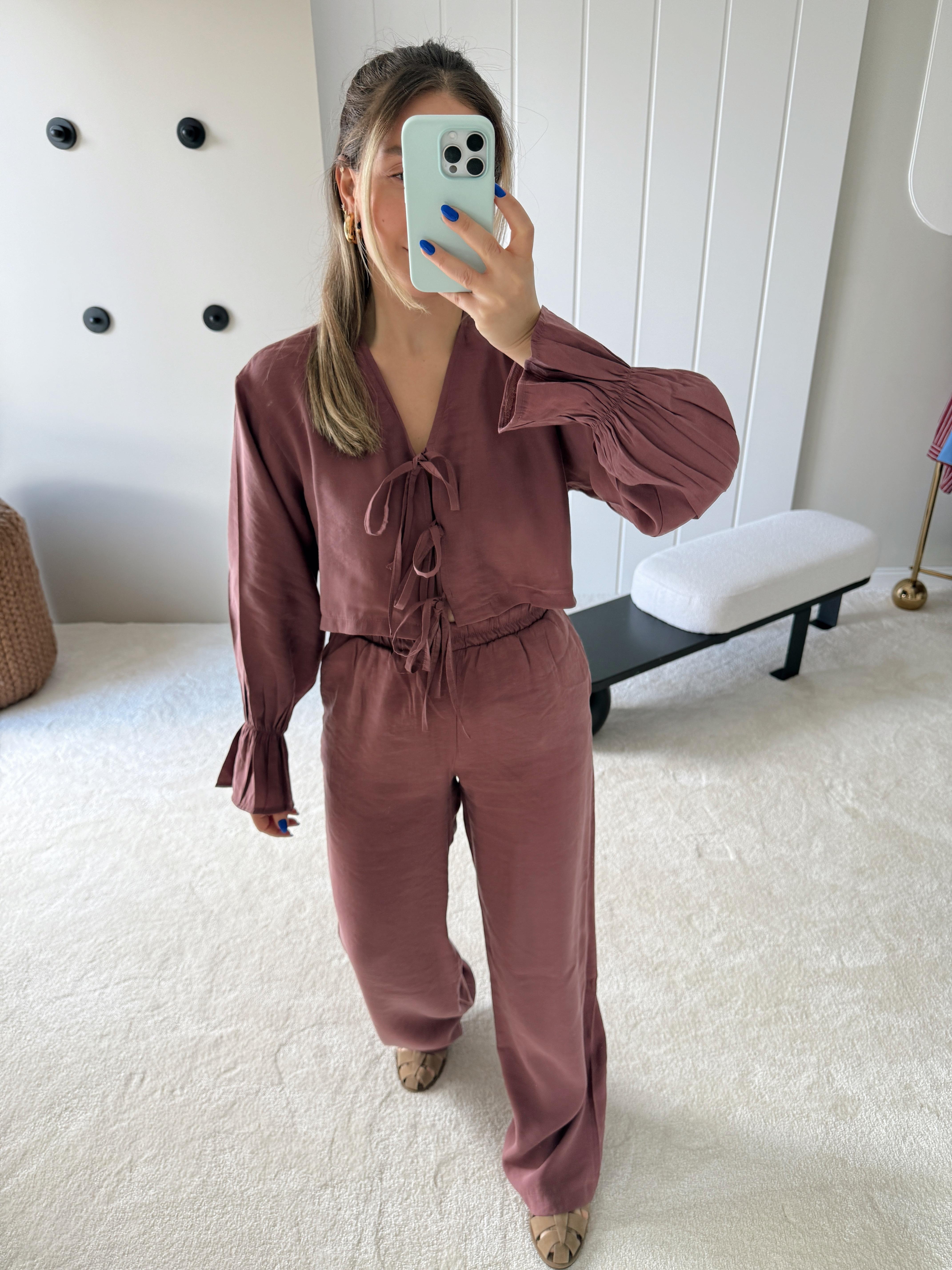 Önden Bağlamalı Bluz ve Pantolon Takım Mürdüm