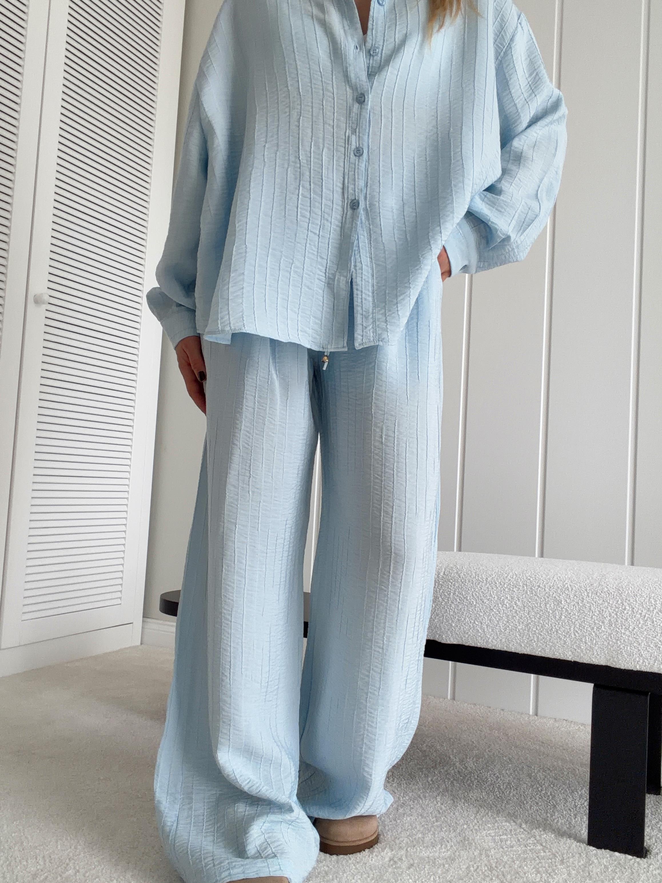 Oversize Gömlek ve Rahat Kalıp Astarlı Pantolon Takım Mavi