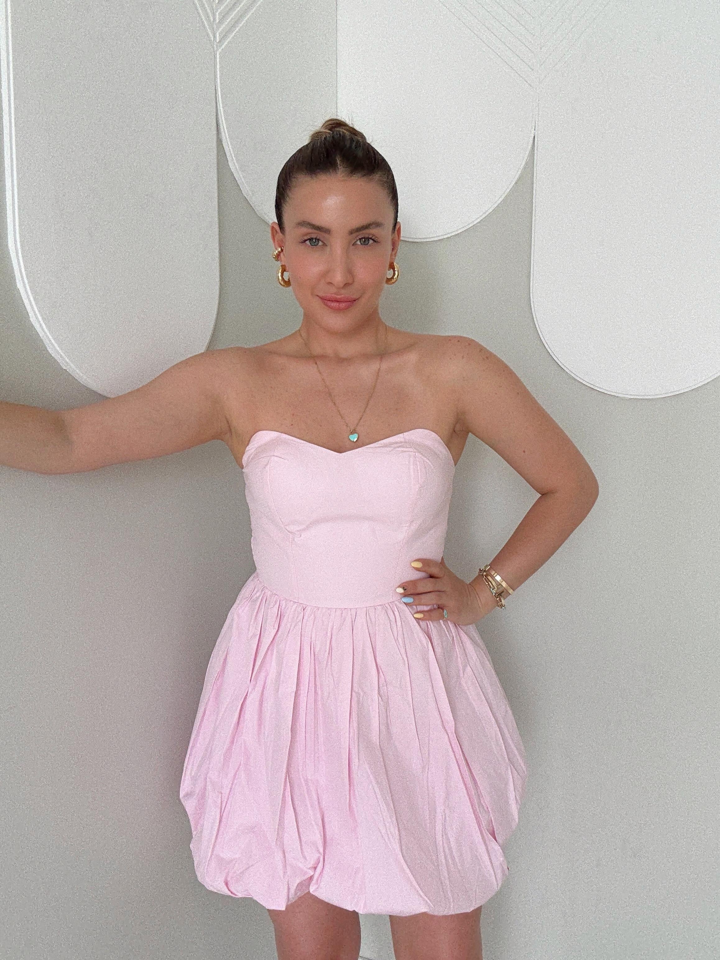 Pembe Balon Etekli Mini Straplez Elbise Pembe 
