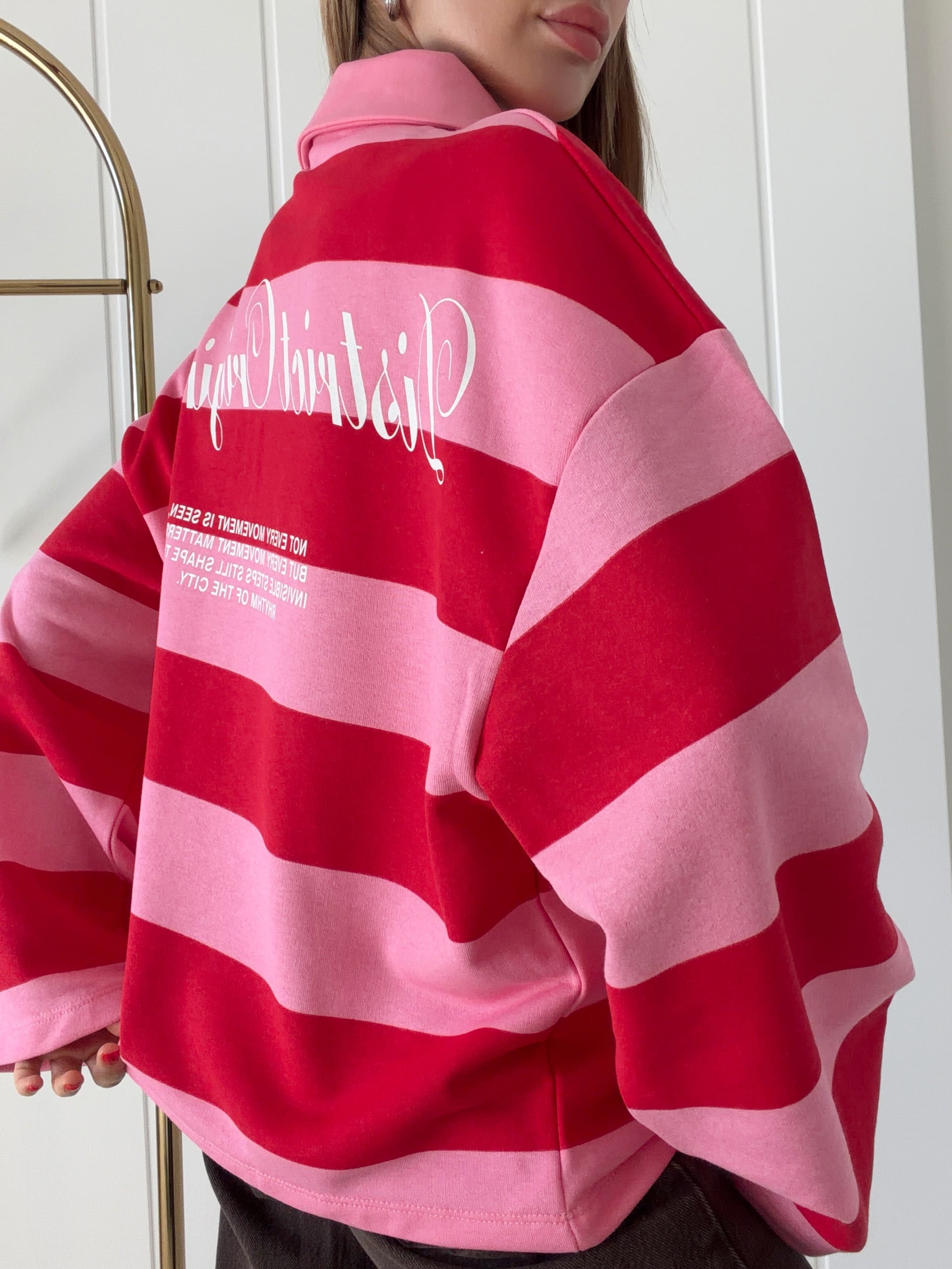 Polo Yaka Baskılı Sweat Pembe Kırmızı