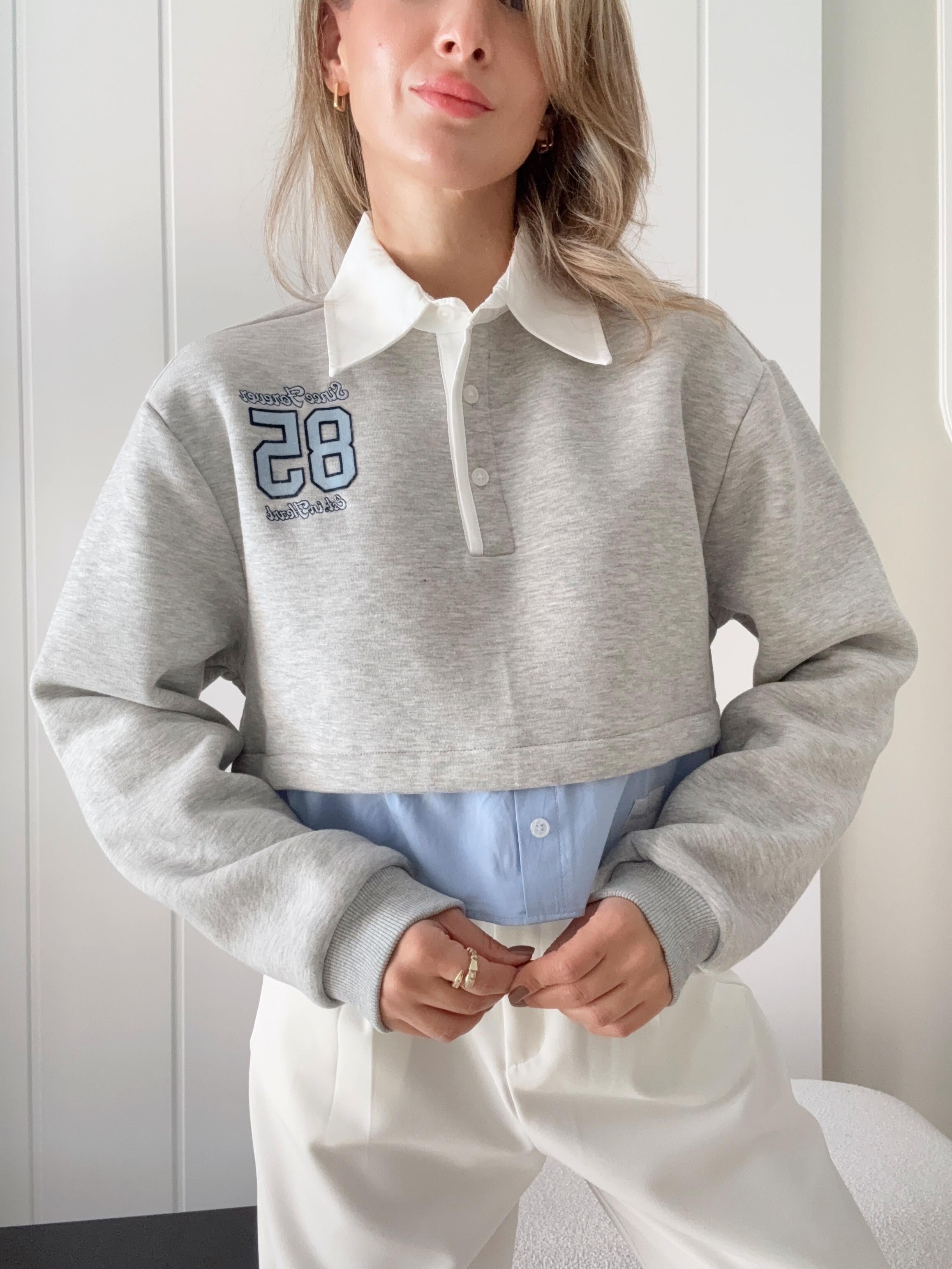 Polo Yaka Gömlek Detay Sweatshirt Gri 