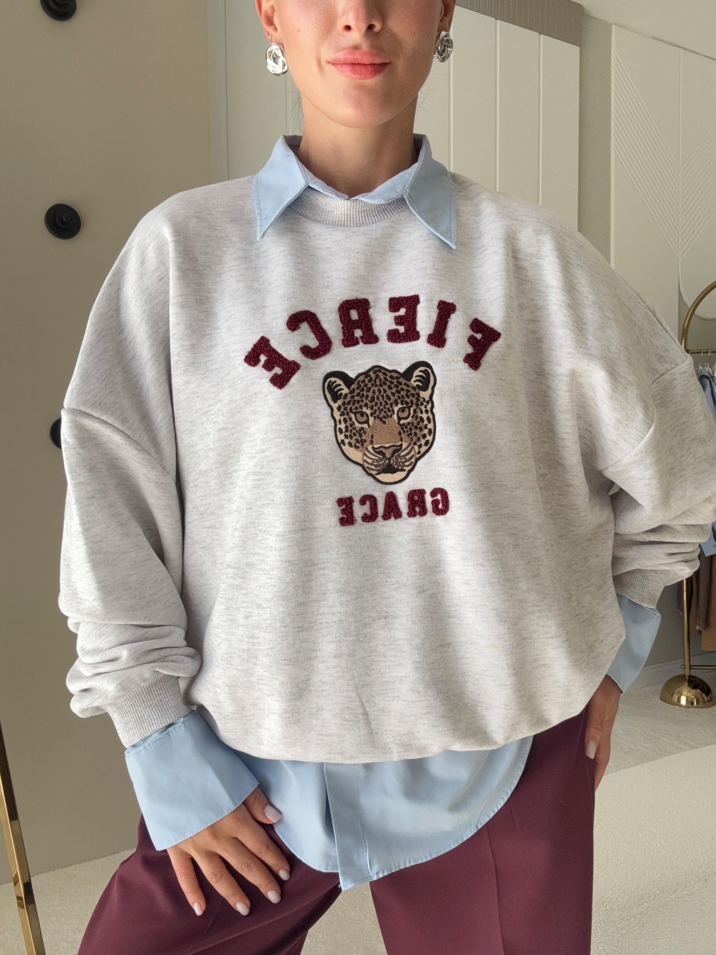 Punch Baskı Detaylı Oversize Sweat Gri 