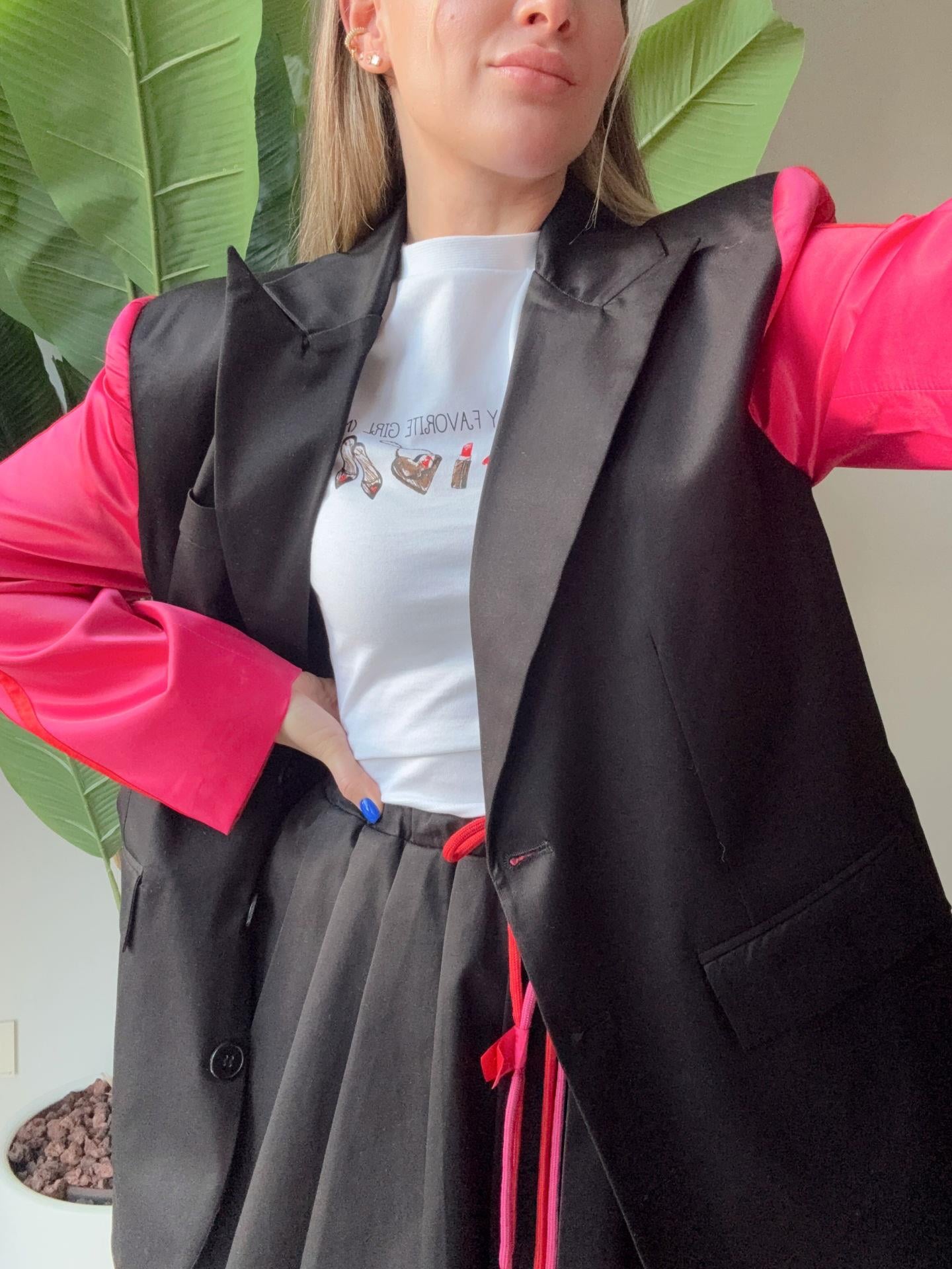 Şerit ve Baskı Detaylı Saten Matchli Oversize Ceket